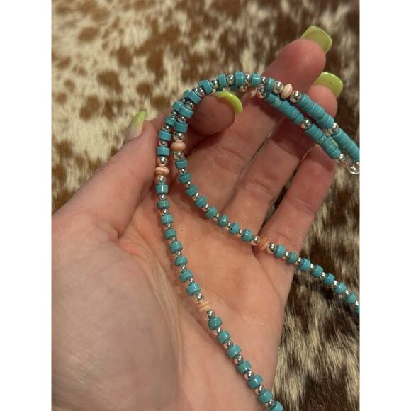 Native American Sterling Silver Shiny Navajo Pearl Turquoise Conch Necklace 18” - Picture 2 of 13